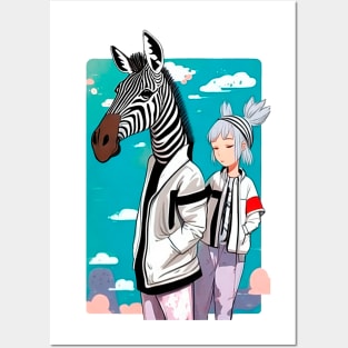 Girl standing next to a zebra Posters and Art